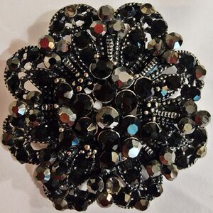Vintage Black Grey Silver Rhinestone Floral Brooch Pin 2" 1950s